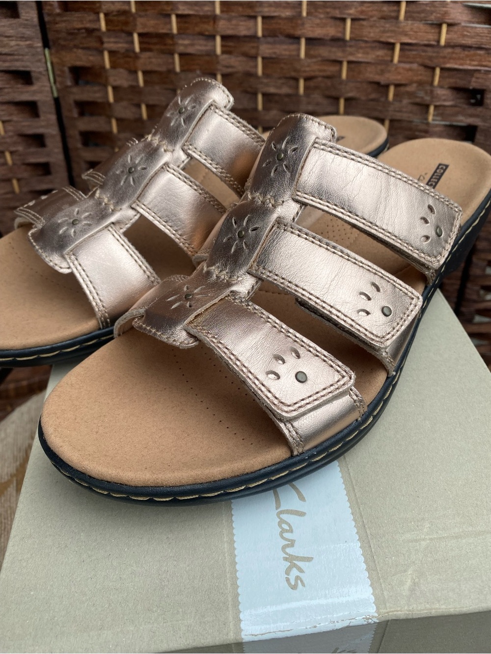 Clarks Women’s Metallic Rose Slide Sandals with Floral Cutouts